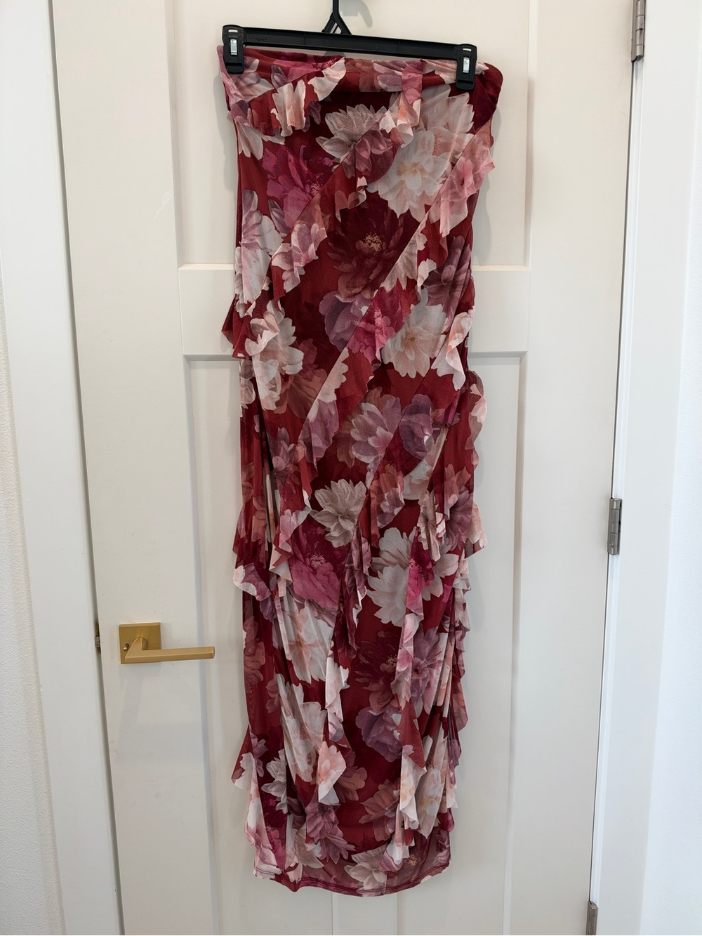 Paris Hilton Burgundy Floral Ruffle Maxi Dress with Pink Accents